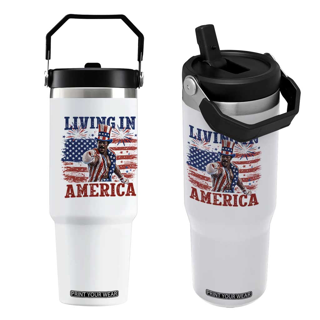 Living In America Funny Patriotic Heavyweight Boxer Flip Straw Tumbler Vintage Distressed Flag Uncle Sam Hat Boxing Champion