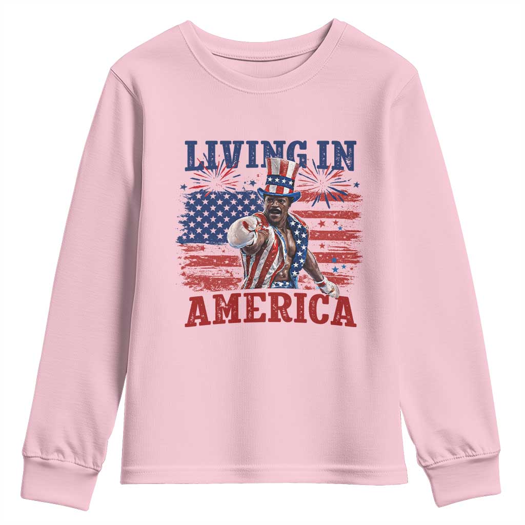Living In America Funny Patriotic Heavyweight Boxer Youth Sweatshirt Vintage Distressed Flag Uncle Sam Hat Boxing Champion