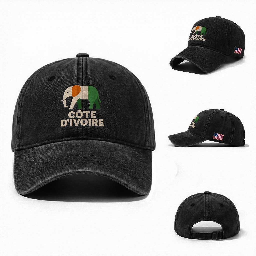 Proud Côte d'Ivoire Elephant Ivory Coast Flag Washed Cotton Baseball Cap Ivorian Pride Retro Souvenir