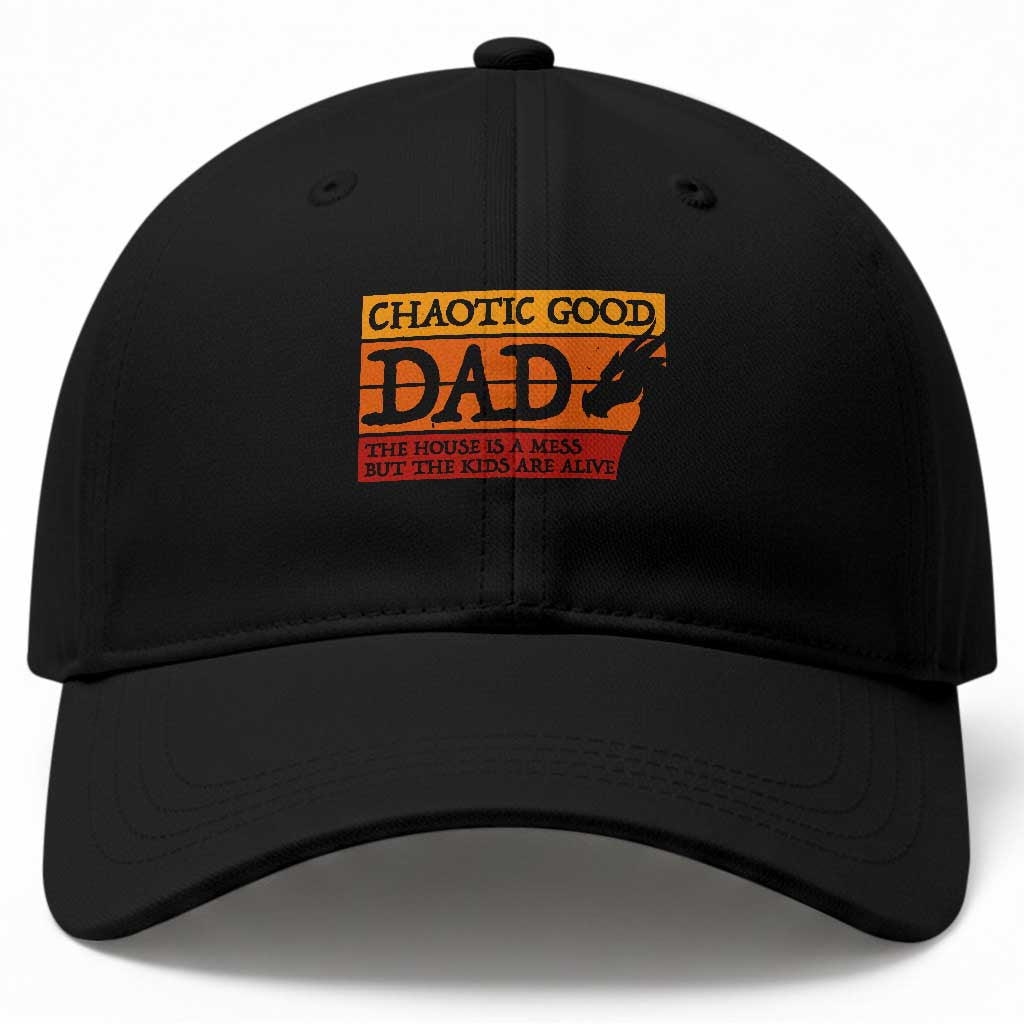 Chaotic Good Dad Funny Tabletop Gamer Parenting Baseball Cap Retro Sunset Vintage Fantasy Graphic