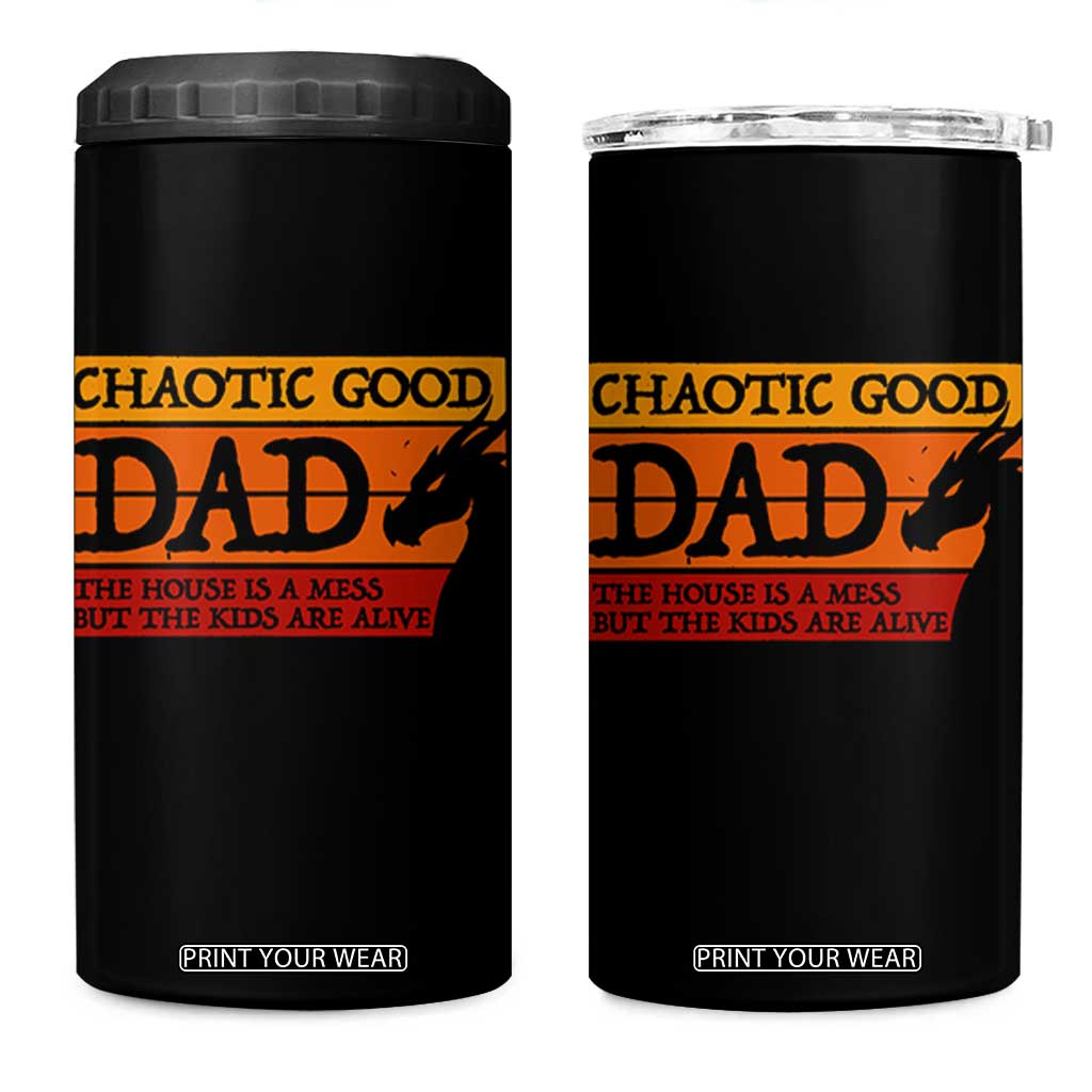 Chaotic Good Dad Funny Tabletop Gamer Parenting 4 in 1 Can Cooler Tumbler Retro Sunset Vintage Fantasy Graphic