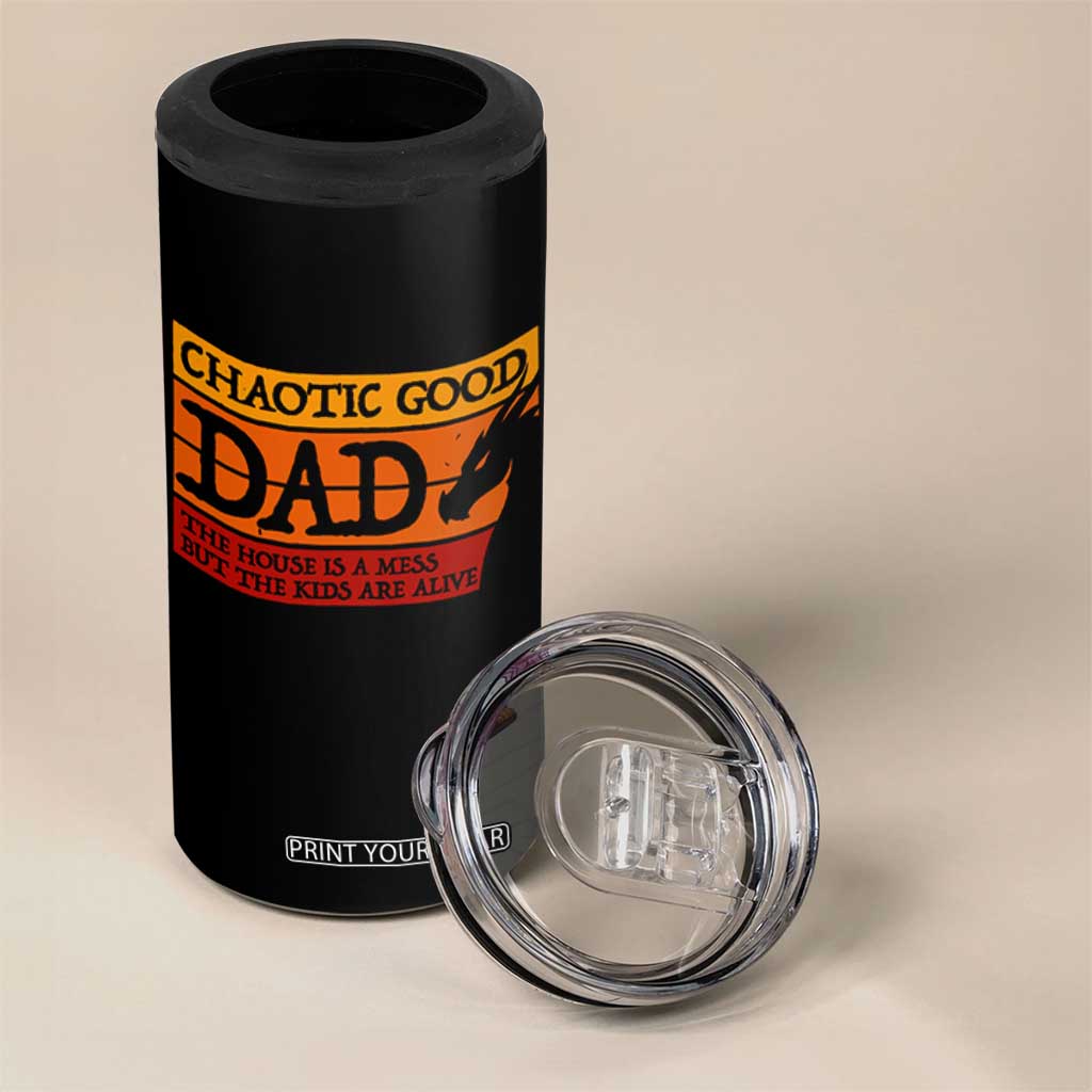 Chaotic Good Dad Funny Tabletop Gamer Parenting 4 in 1 Can Cooler Tumbler Retro Sunset Vintage Fantasy Graphic