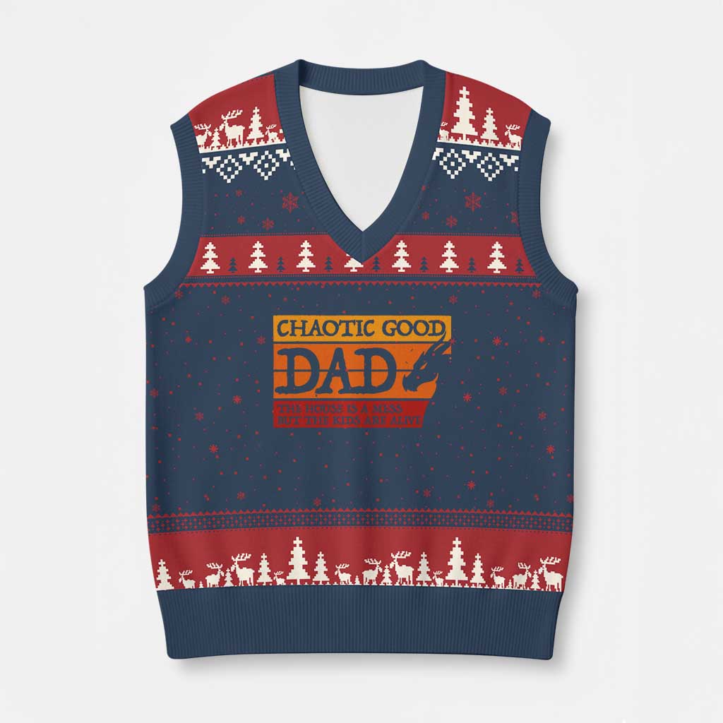 Chaotic Good Dad Funny Tabletop Gamer Parenting V-Neck Knit Sweater Vest Retro Sunset Vintage Fantasy Graphic TS02 Navy Red Print Your Wear