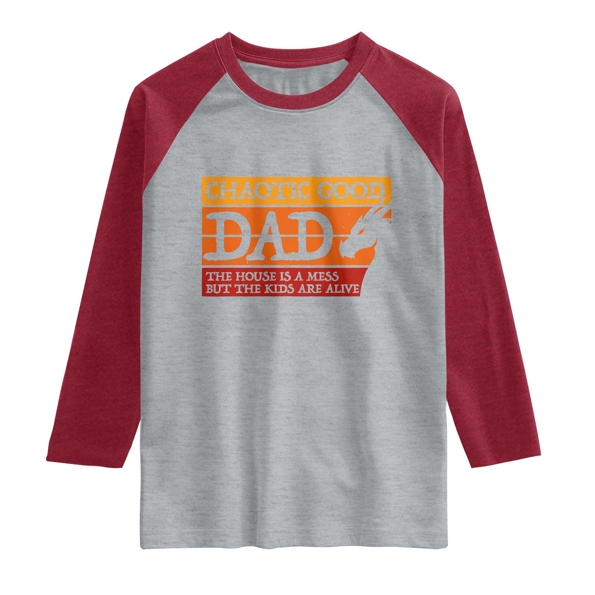 Chaotic Good Dad Funny Tabletop Gamer Parenting Raglan Shirt Retro Sunset Vintage Fantasy Graphic