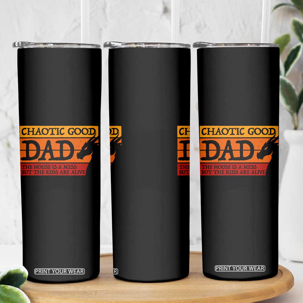 Chaotic Good Dad Funny Tabletop Gamer Parenting Skinny Tumbler Retro Sunset Vintage Fantasy Graphic