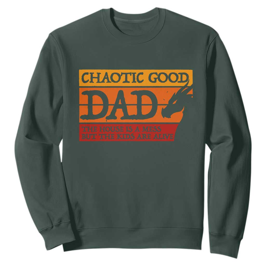 Chaotic Good Dad Funny Tabletop Gamer Parenting Sweatshirt Retro Sunset Vintage Fantasy Graphic