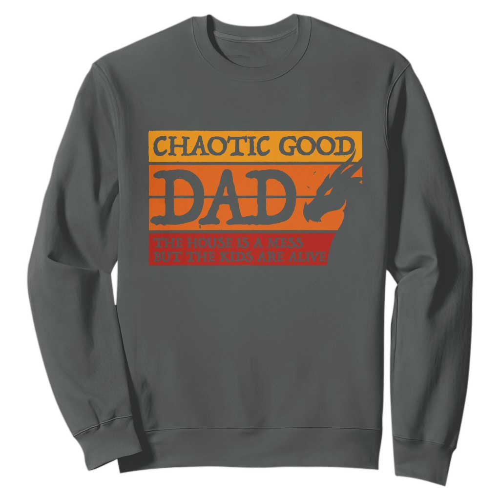 Chaotic Good Dad Funny Tabletop Gamer Parenting Sweatshirt Retro Sunset Vintage Fantasy Graphic