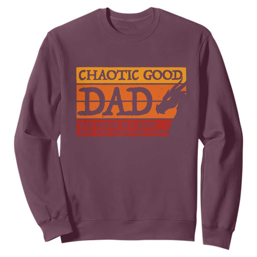 Chaotic Good Dad Funny Tabletop Gamer Parenting Sweatshirt Retro Sunset Vintage Fantasy Graphic