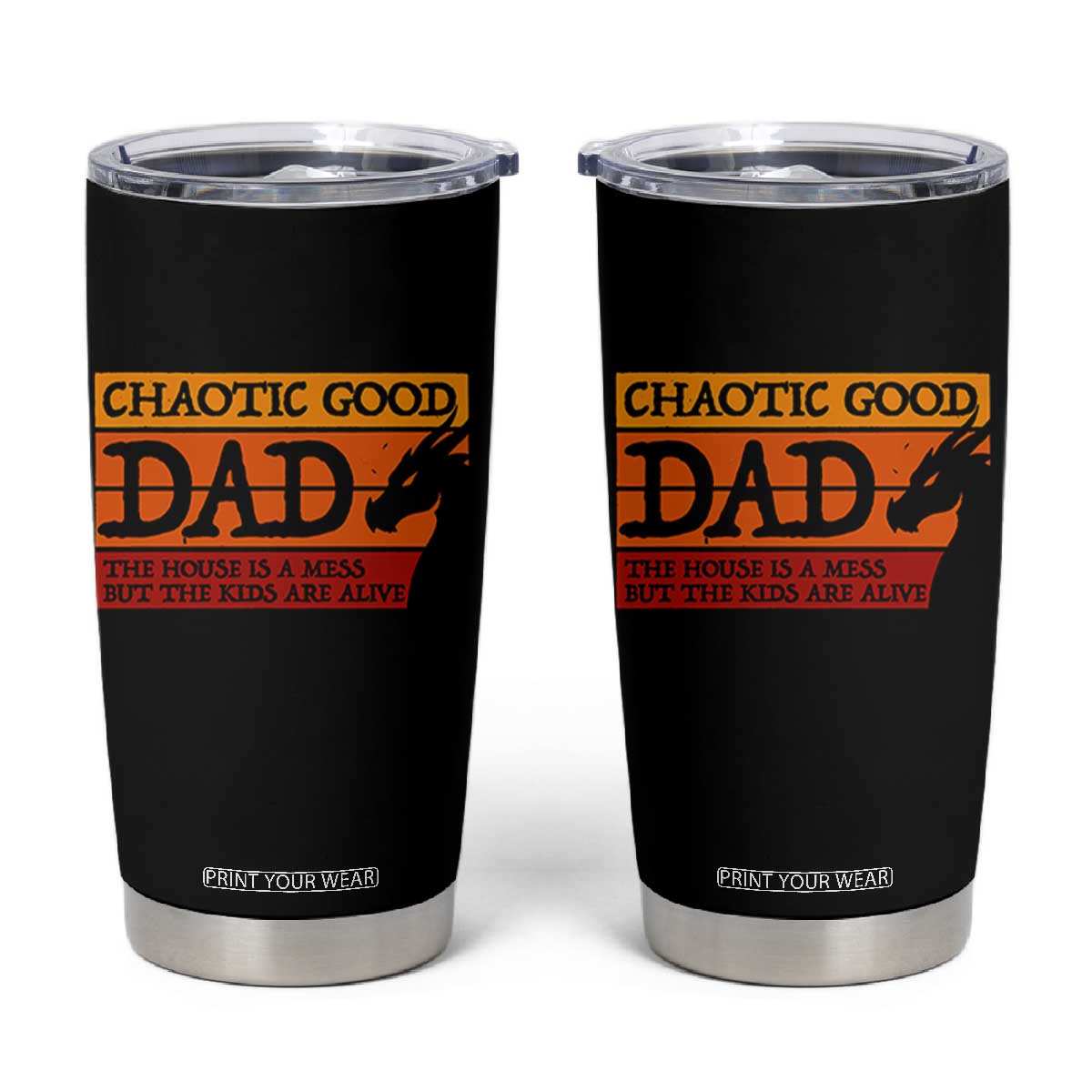 Chaotic Good Dad Funny Tabletop Gamer Parenting Tumbler Cup Retro Sunset Vintage Fantasy Graphic