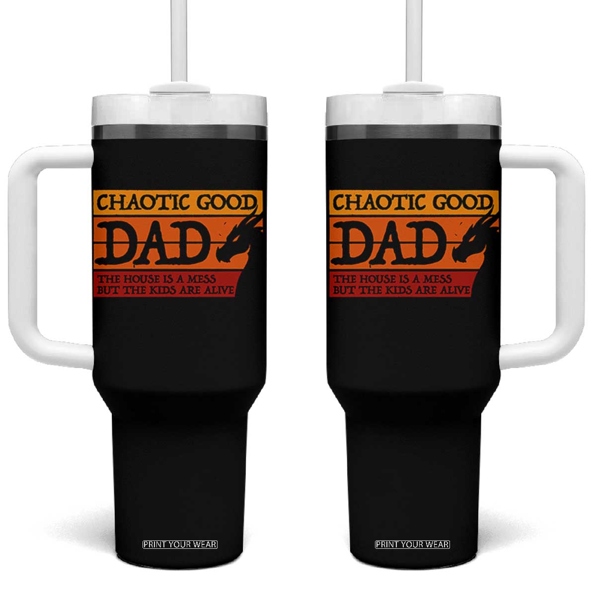 Chaotic Good Dad Funny Tabletop Gamer Parenting Tumbler With Handle Retro Sunset Vintage Fantasy Graphic TS02 One Size: 40 oz Black Print Your Wear