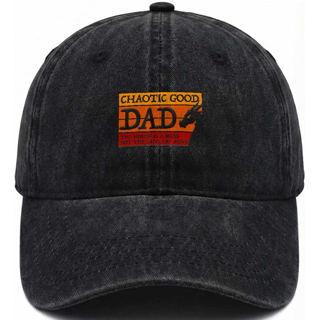 Chaotic Good Dad Funny Tabletop Gamer Parenting Washed Cotton Baseball Cap Retro Sunset Vintage Fantasy Graphic TS02 Print Your Wear