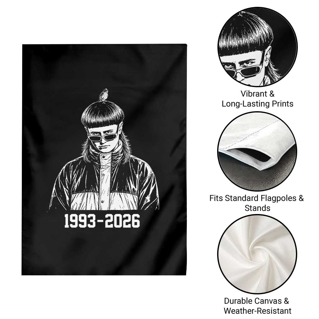 Retro Bowl Cut Music Icon Rip Memorial Garden Flag 1993 2026 Internet Meme Pop Culture Fan