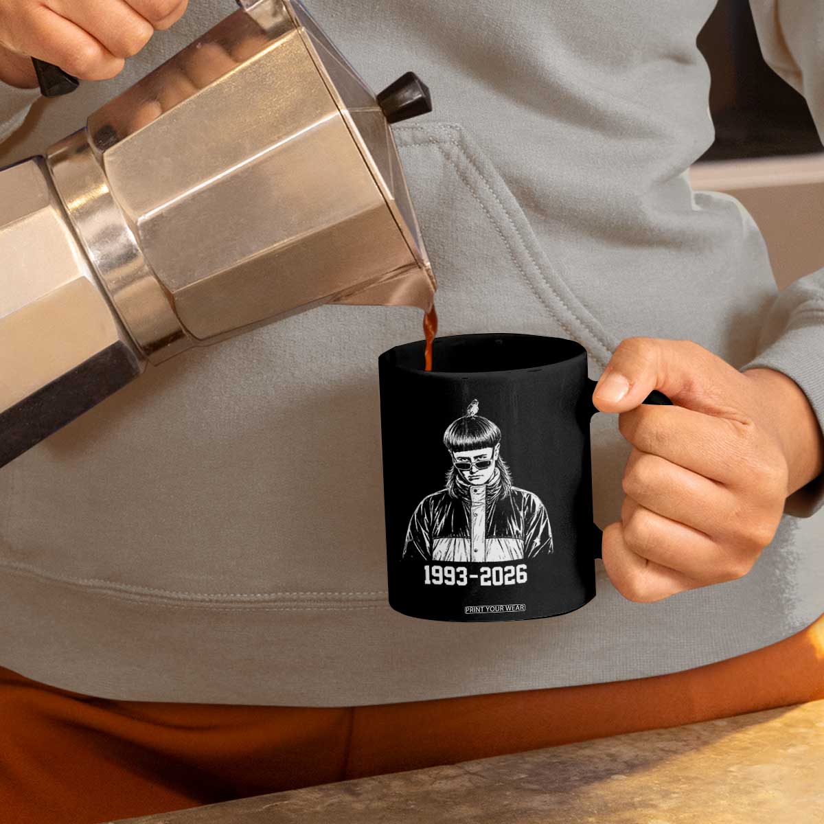 Retro Bowl Cut Music Icon Rip Memorial Coffee Mug 1993 2026 Internet Meme Pop Culture Fan