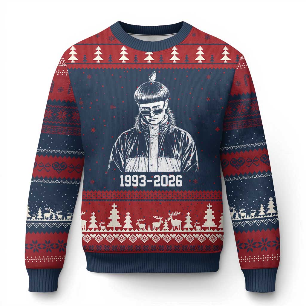 Retro Bowl Cut Music Icon Rip Memorial Ugly Christmas Sweater 1993 2026 Internet Meme Pop Culture Fan TS02 Navy Red Print Your Wear