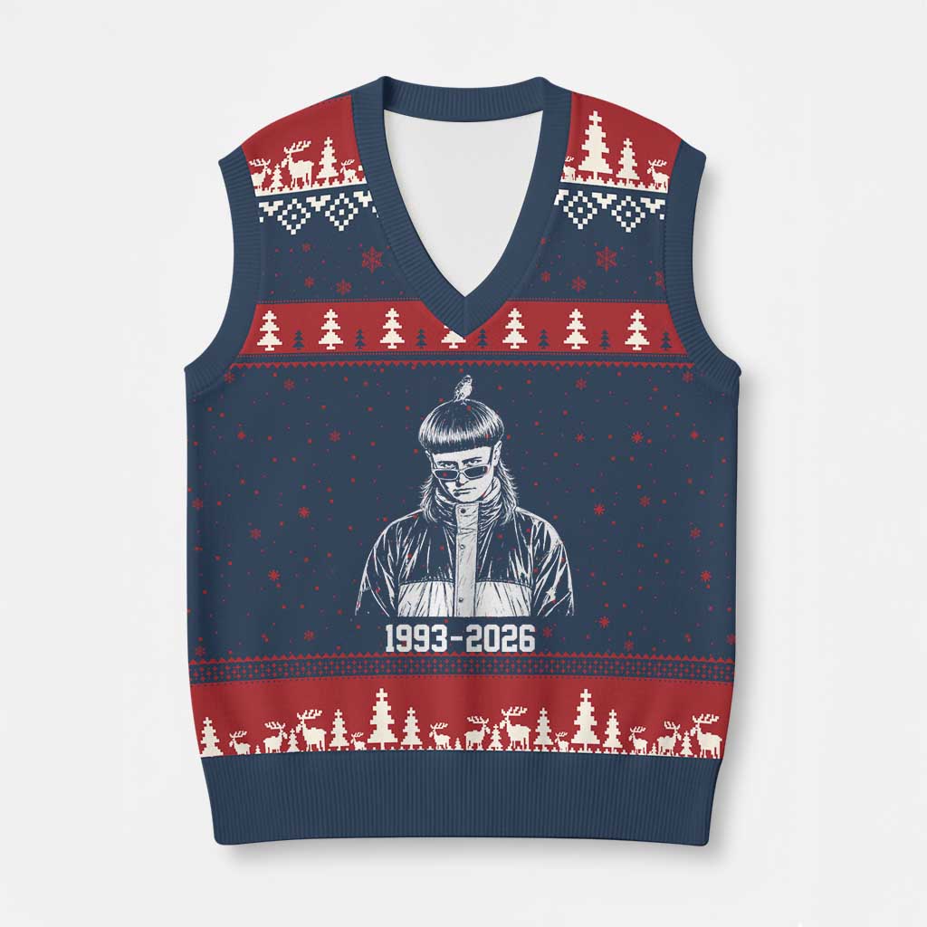Retro Bowl Cut Music Icon Rip Memorial V-Neck Knit Sweater Vest 1993 2026 Internet Meme Pop Culture Fan