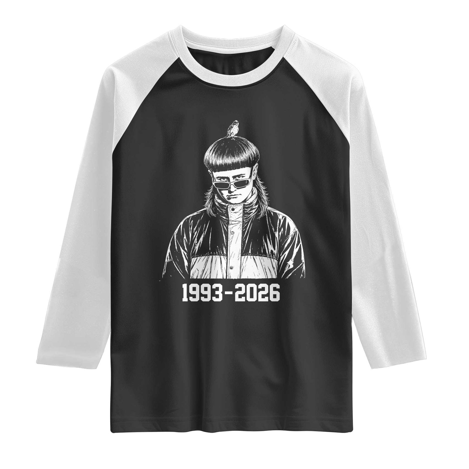 Retro Bowl Cut Music Icon Rip Memorial Raglan Shirt 1993 2026 Internet Meme Pop Culture Fan TS02 Black White Print Your Wear