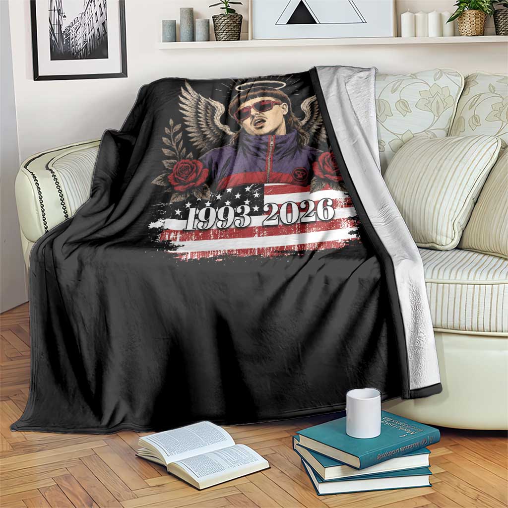 Retro Bowl Cut Music Icon Angel Wings Rest In Peace Throw Blanket American Flag Memorial 1993 2026 Pop Culture Fan