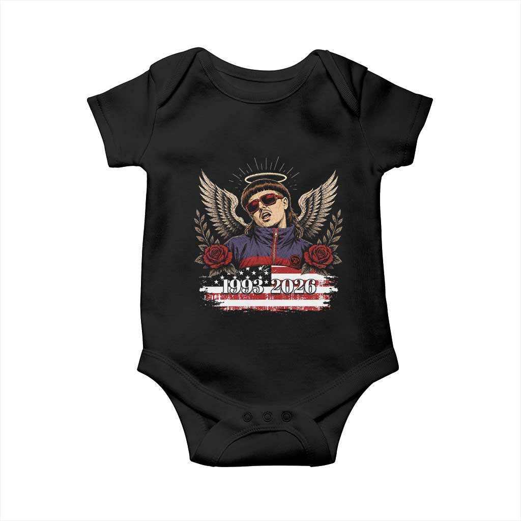 Retro Bowl Cut Music Icon Angel Wings Rest In Peace Baby Onesie American Flag Memorial 1993 2026 Pop Culture Fan