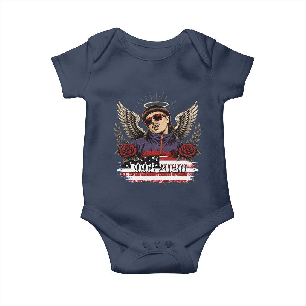 Retro Bowl Cut Music Icon Angel Wings Rest In Peace Baby Onesie American Flag Memorial 1993 2026 Pop Culture Fan