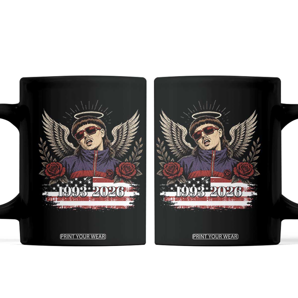 Retro Bowl Cut Music Icon Angel Wings Rest In Peace Coffee Mug American Flag Memorial 1993 2026 Pop Culture Fan