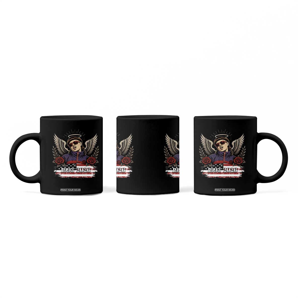 Retro Bowl Cut Music Icon Angel Wings Rest In Peace Coffee Mug American Flag Memorial 1993 2026 Pop Culture Fan