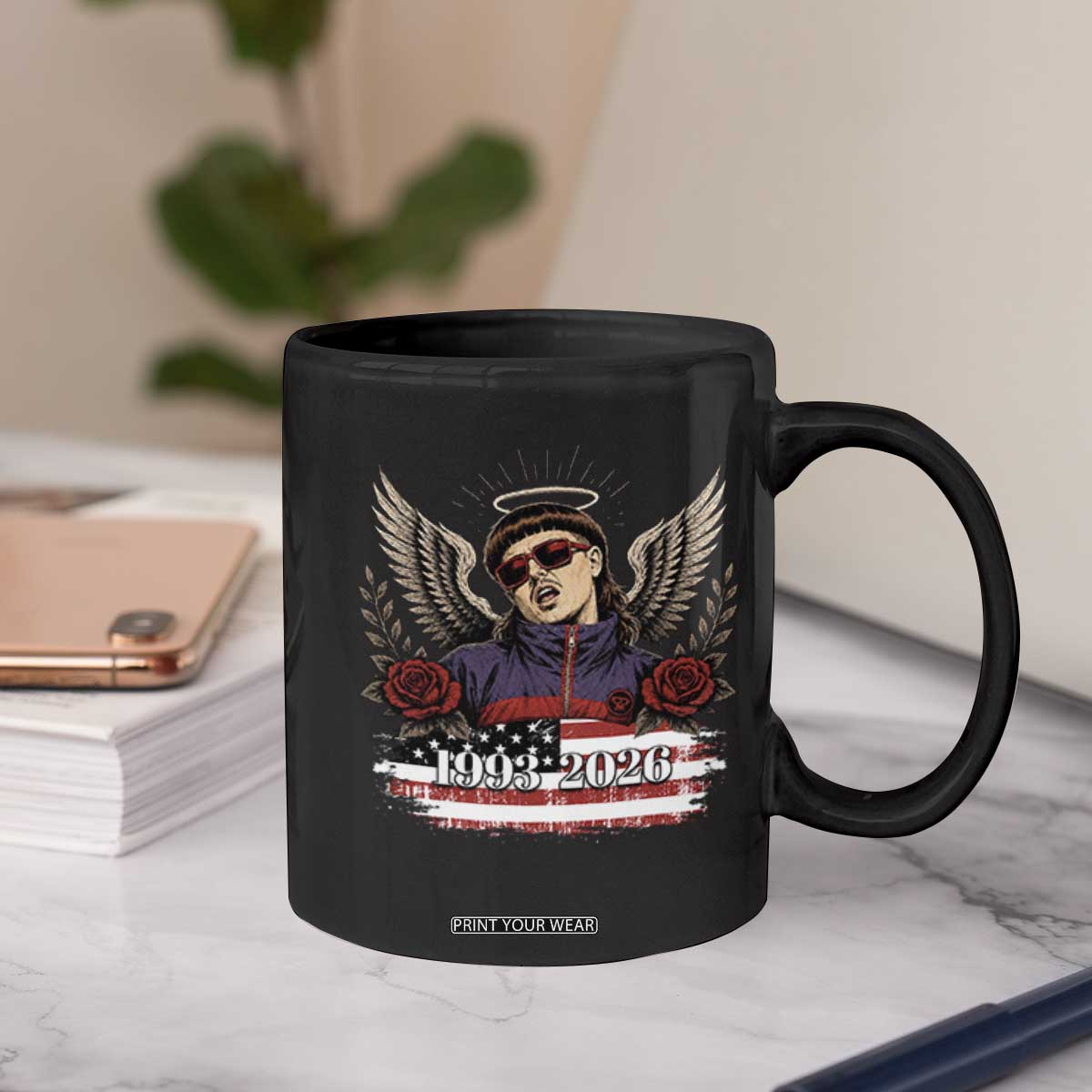 Retro Bowl Cut Music Icon Angel Wings Rest In Peace Coffee Mug American Flag Memorial 1993 2026 Pop Culture Fan