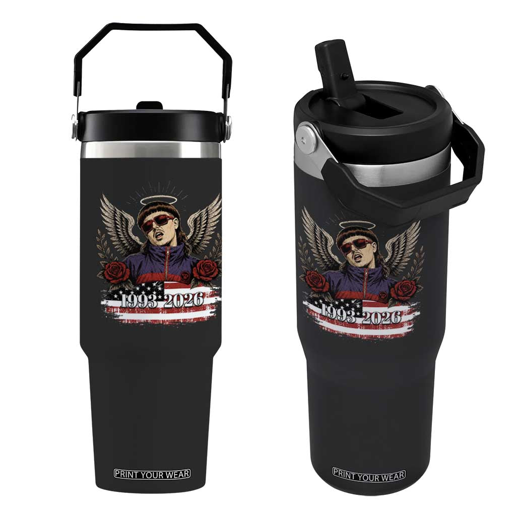 Retro Bowl Cut Music Icon Angel Wings Rest In Peace Flip Straw Tumbler American Flag Memorial 1993 2026 Pop Culture Fan
