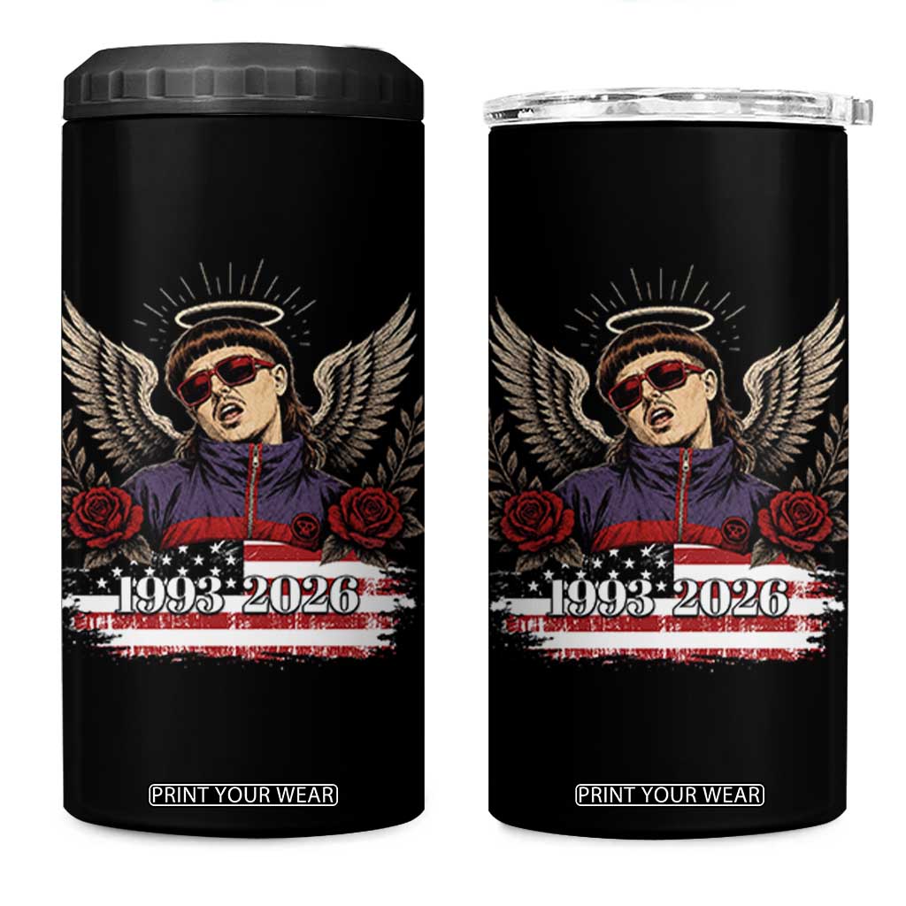 Retro Bowl Cut Music Icon Angel Wings Rest In Peace 4 in 1 Can Cooler Tumbler American Flag Memorial 1993 2026 Pop Culture Fan