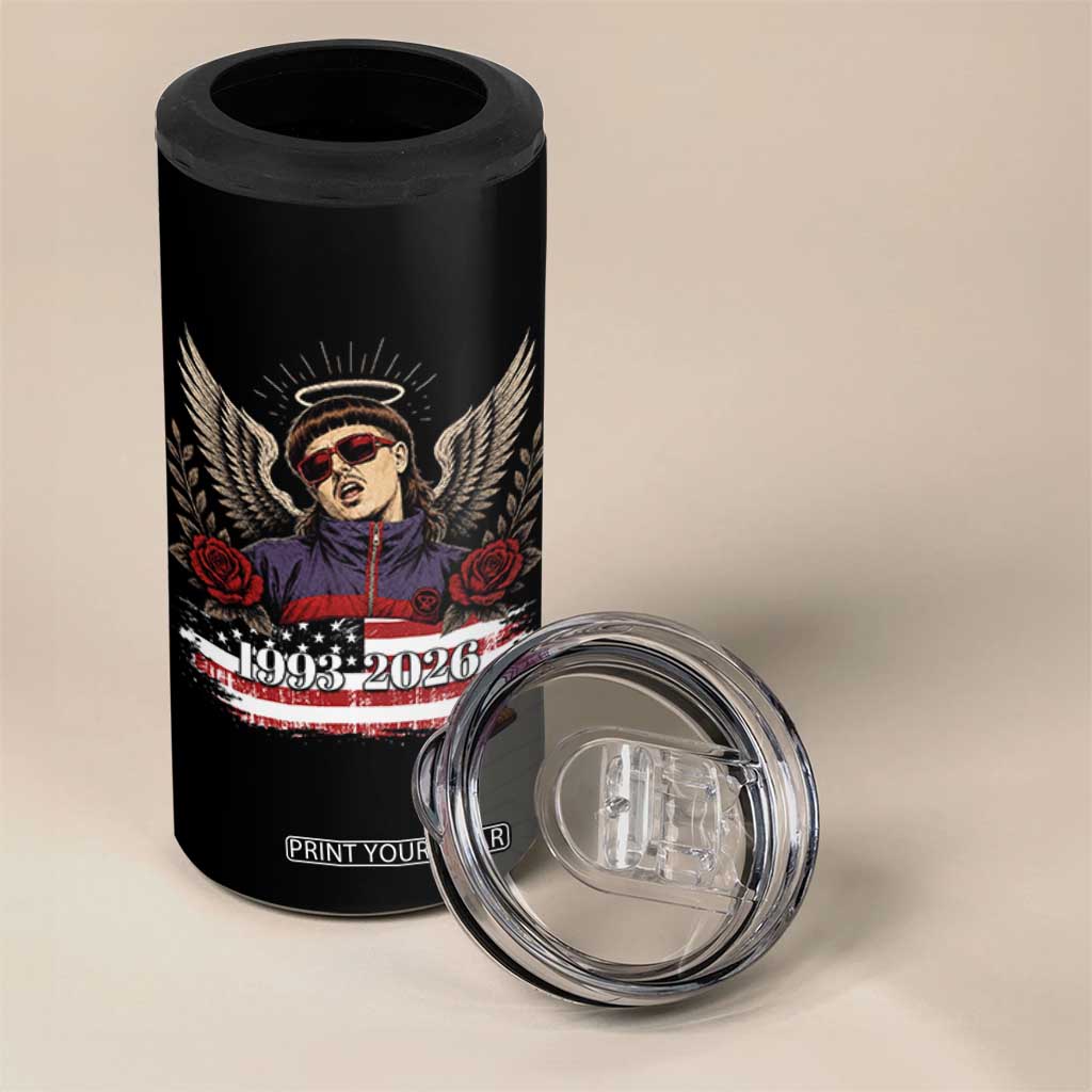 Retro Bowl Cut Music Icon Angel Wings Rest In Peace 4 in 1 Can Cooler Tumbler American Flag Memorial 1993 2026 Pop Culture Fan