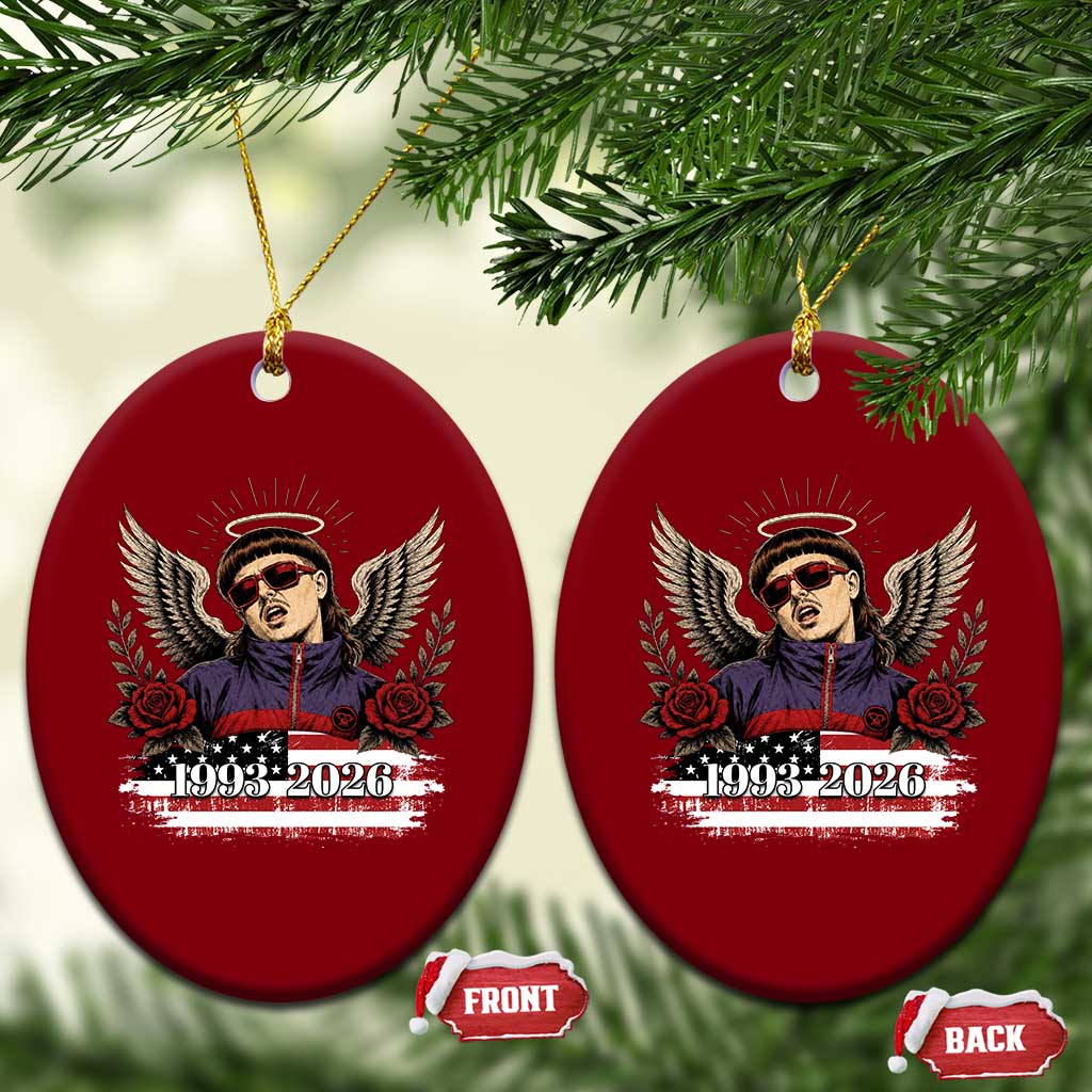 Retro Bowl Cut Music Icon Angel Wings Rest In Peace Ceramic Ornament American Flag Memorial 1993 2026 Pop Culture Fan