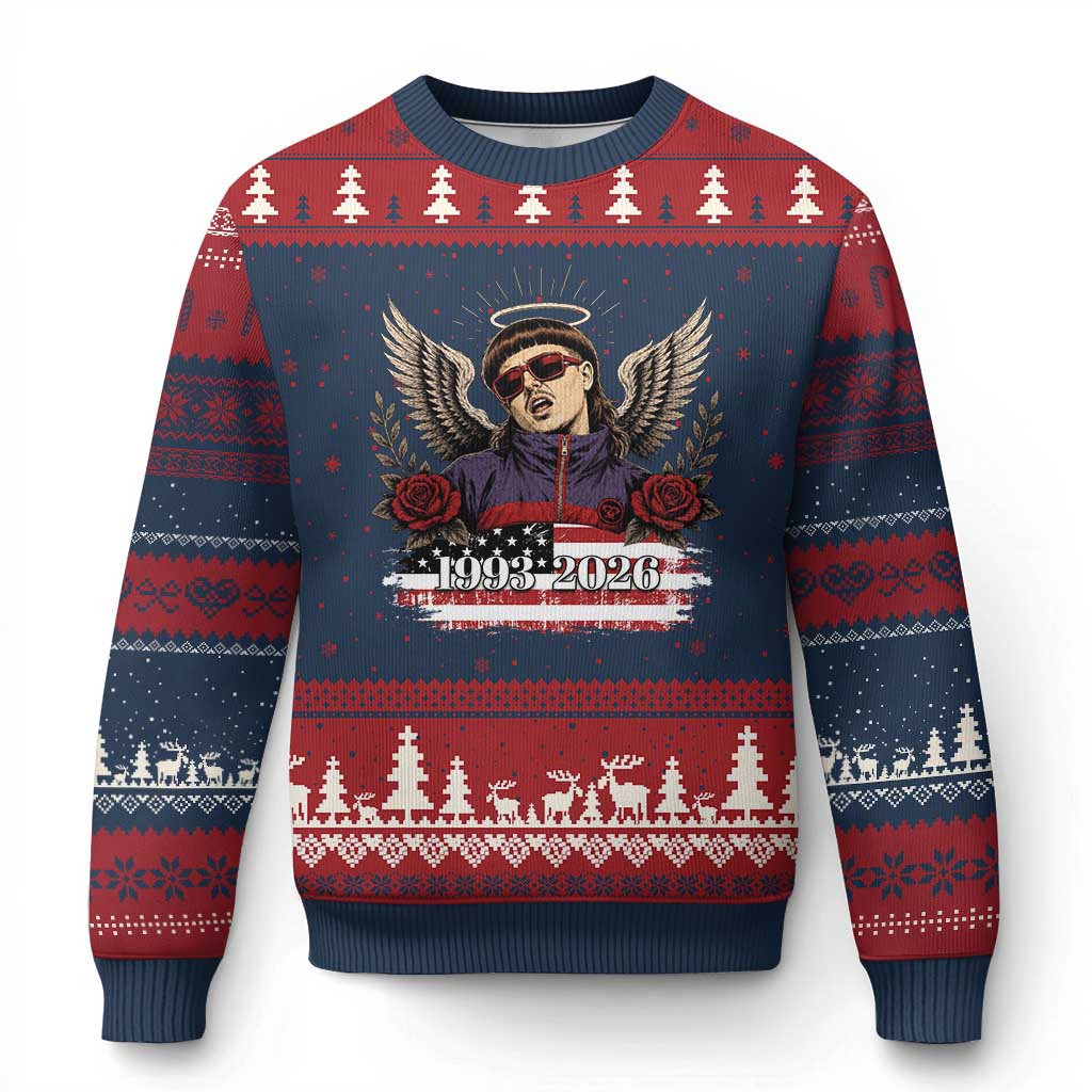 Retro Bowl Cut Music Icon Angel Wings Rest In Peace Ugly Christmas Sweater American Flag Memorial 1993 2026 Pop Culture Fan