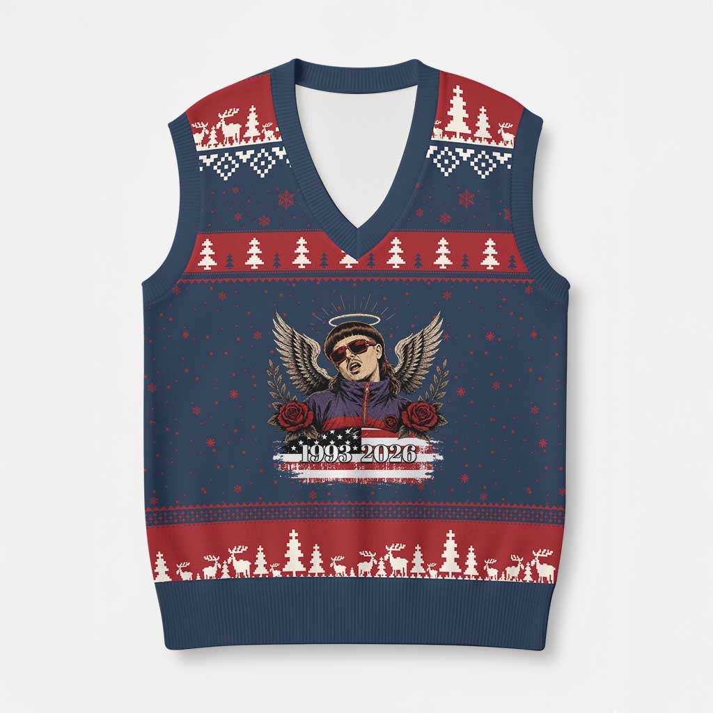 Retro Bowl Cut Music Icon Angel Wings Rest In Peace V-Neck Knit Sweater Vest American Flag Memorial 1993 2026 Pop Culture Fan