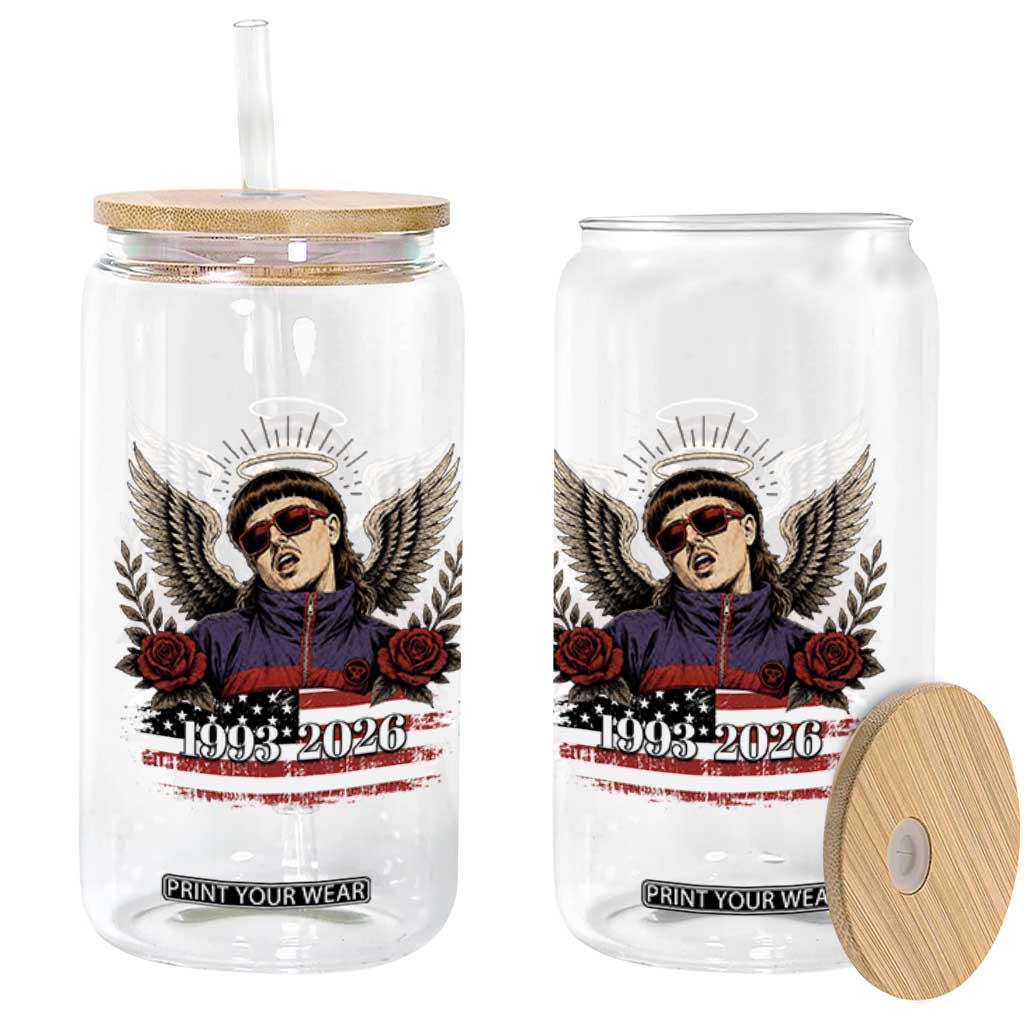 Retro Bowl Cut Music Icon Angel Wings Rest In Peace Glass Can American Flag Memorial 1993 2026 Pop Culture Fan