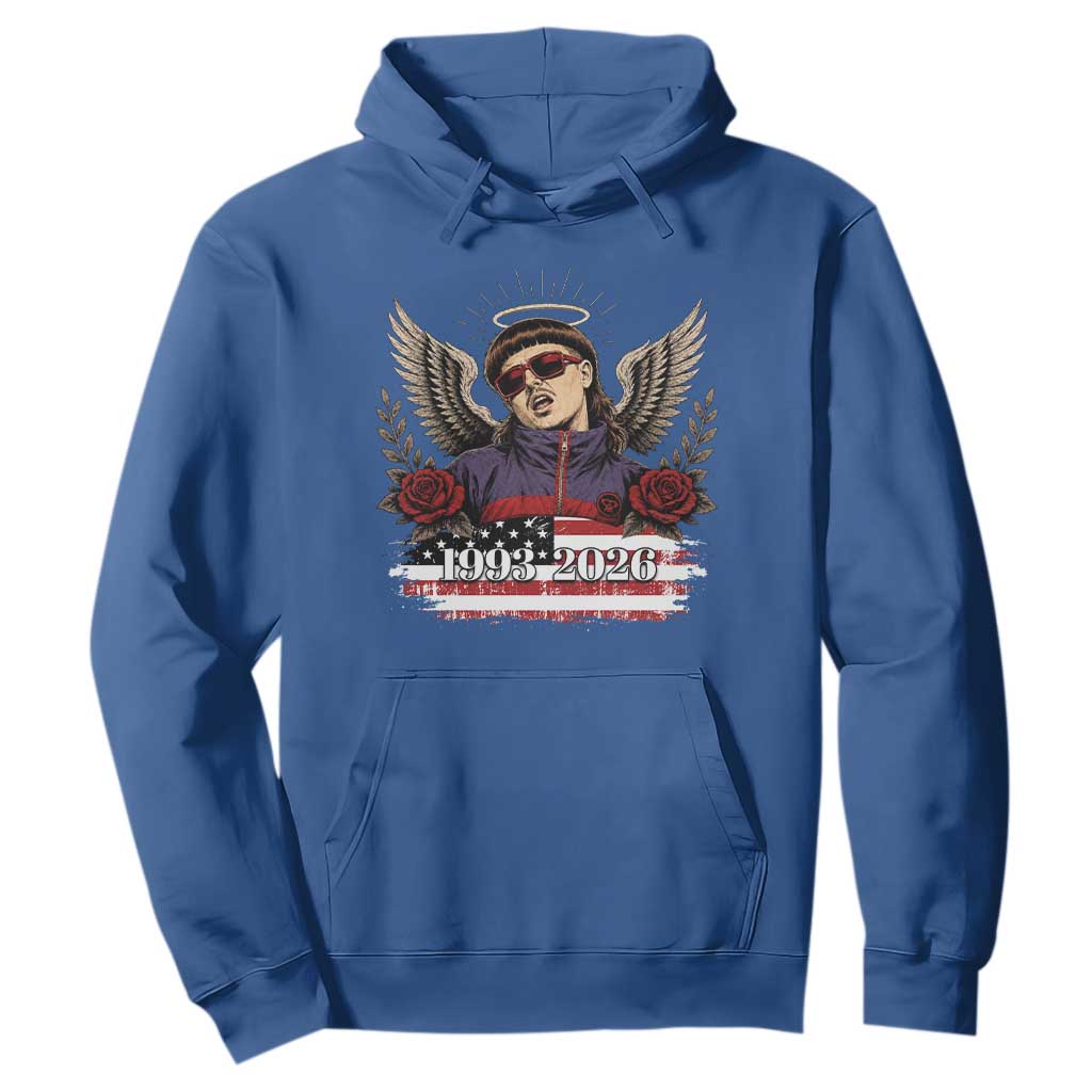 Retro Bowl Cut Music Icon Angel Wings Rest In Peace Hoodie American Flag Memorial 1993 2026 Pop Culture Fan
