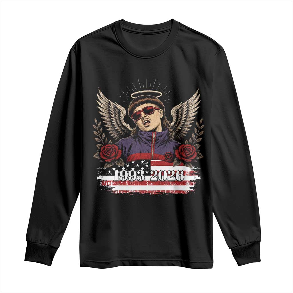 Retro Bowl Cut Music Icon Angel Wings Rest In Peace Long Sleeve Shirt American Flag Memorial 1993 2026 Pop Culture Fan TS02 Black Print Your Wear
