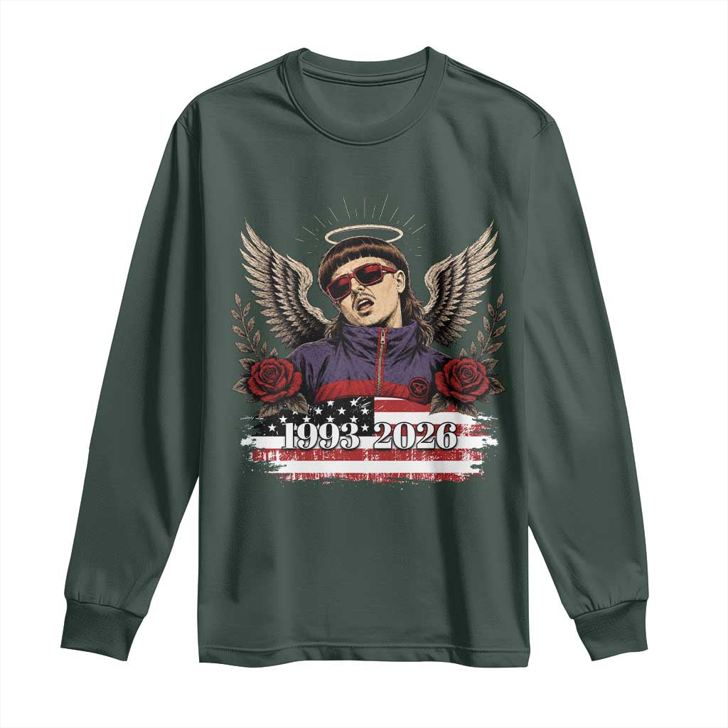 Retro Bowl Cut Music Icon Angel Wings Rest In Peace Long Sleeve Shirt American Flag Memorial 1993 2026 Pop Culture Fan