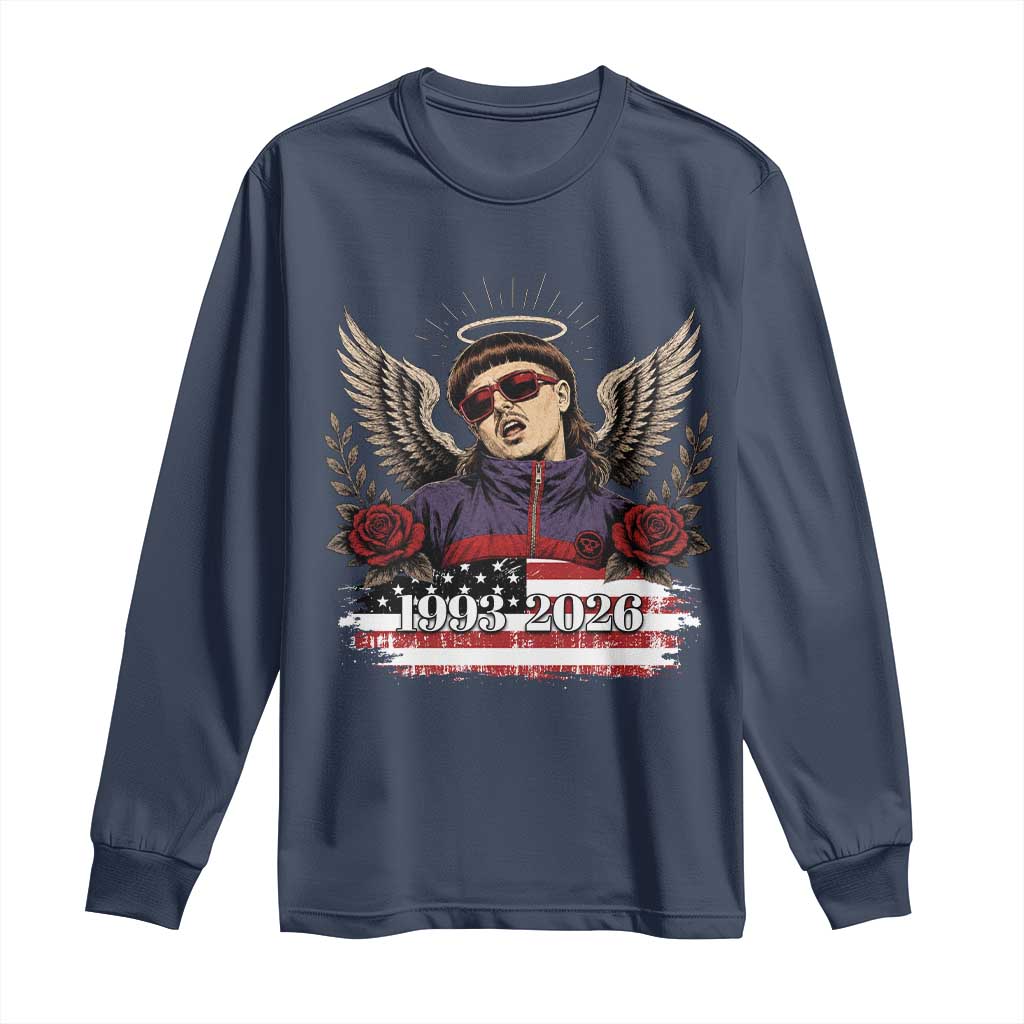 Retro Bowl Cut Music Icon Angel Wings Rest In Peace Long Sleeve Shirt American Flag Memorial 1993 2026 Pop Culture Fan