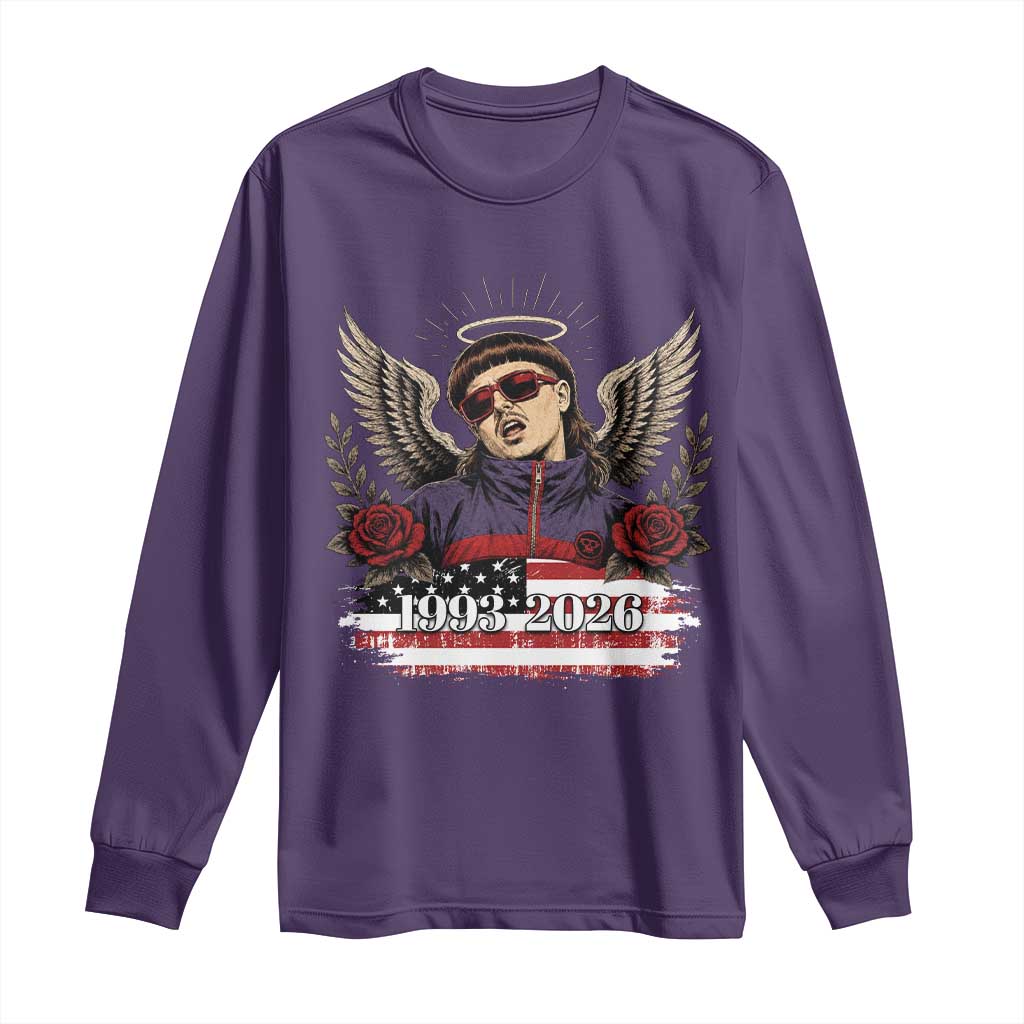 Retro Bowl Cut Music Icon Angel Wings Rest In Peace Long Sleeve Shirt American Flag Memorial 1993 2026 Pop Culture Fan