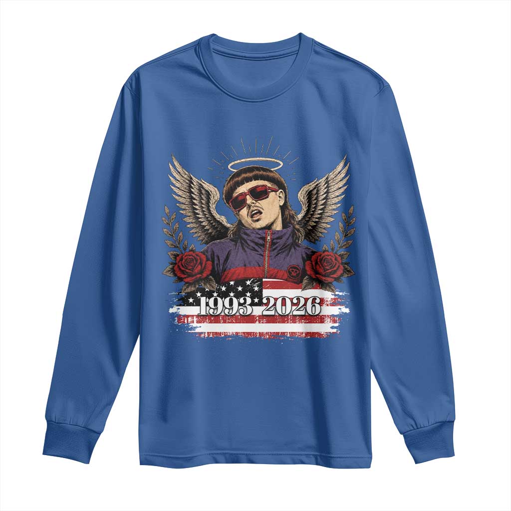 Retro Bowl Cut Music Icon Angel Wings Rest In Peace Long Sleeve Shirt American Flag Memorial 1993 2026 Pop Culture Fan