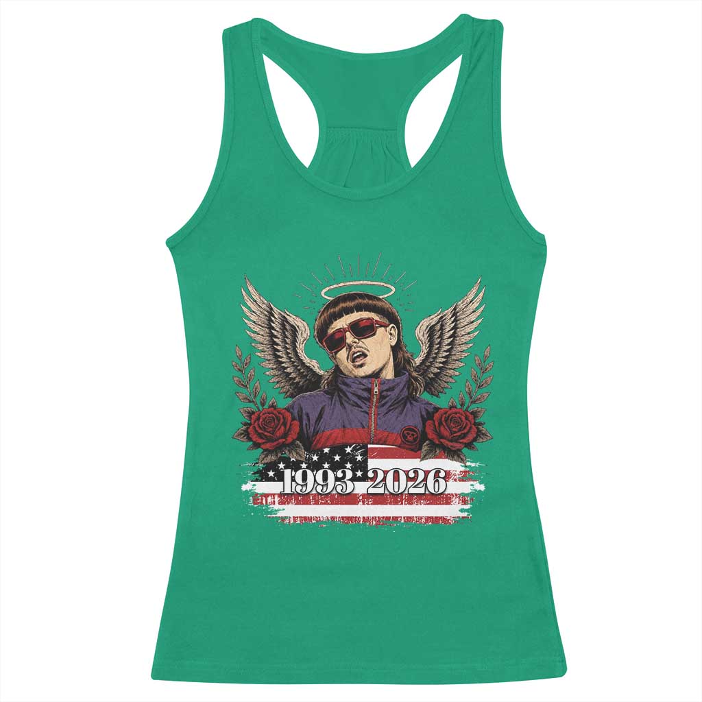 Retro Bowl Cut Music Icon Angel Wings Rest In Peace Racerback Tank Top American Flag Memorial 1993 2026 Pop Culture Fan