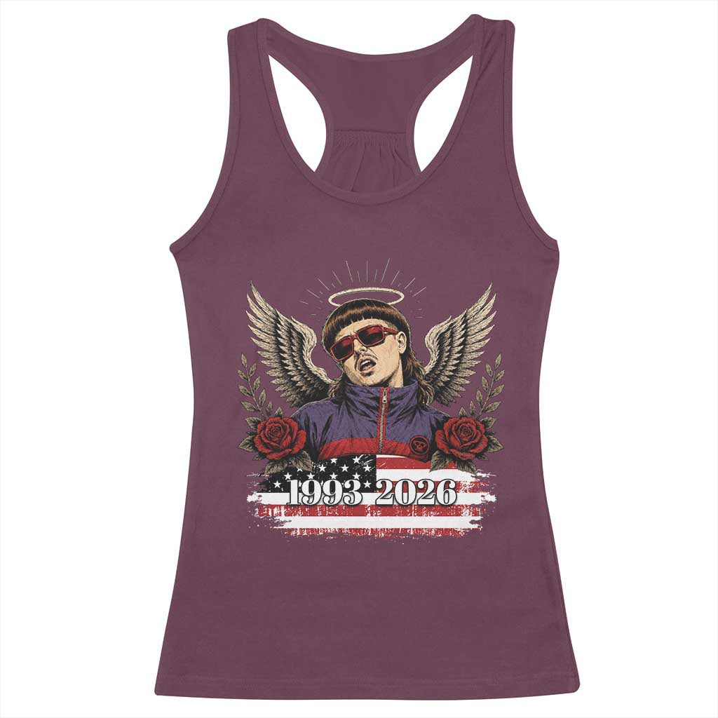 Retro Bowl Cut Music Icon Angel Wings Rest In Peace Racerback Tank Top American Flag Memorial 1993 2026 Pop Culture Fan