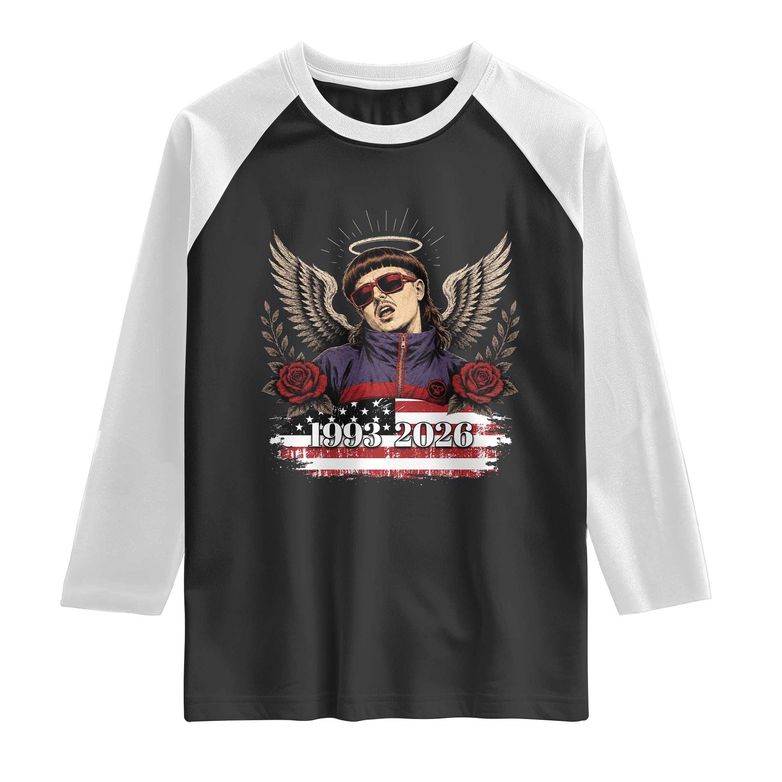 Retro Bowl Cut Music Icon Angel Wings Rest In Peace Raglan Shirt American Flag Memorial 1993 2026 Pop Culture Fan TS02 Black White Print Your Wear