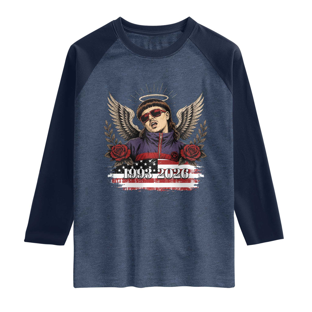 Retro Bowl Cut Music Icon Angel Wings Rest In Peace Raglan Shirt American Flag Memorial 1993 2026 Pop Culture Fan
