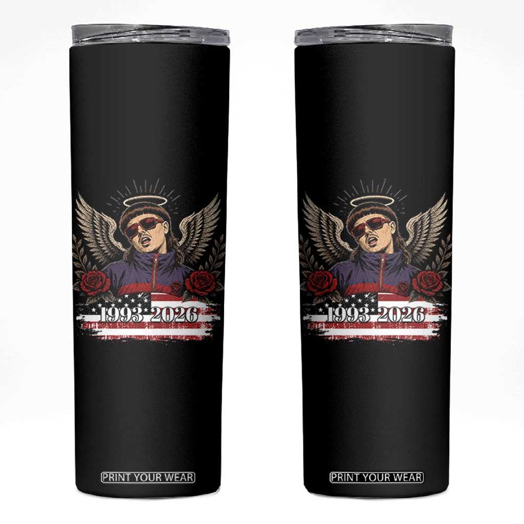 Retro Bowl Cut Music Icon Angel Wings Rest In Peace Skinny Tumbler American Flag Memorial 1993 2026 Pop Culture Fan