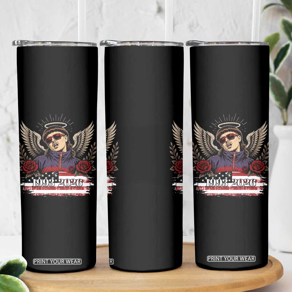 Retro Bowl Cut Music Icon Angel Wings Rest In Peace Skinny Tumbler American Flag Memorial 1993 2026 Pop Culture Fan