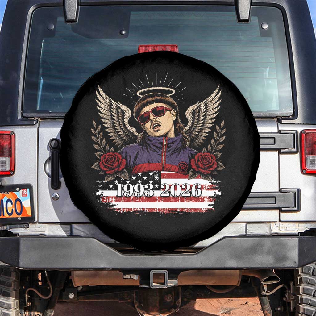 Retro Bowl Cut Music Icon Angel Wings Rest In Peace Spare Tire Cover American Flag Memorial 1993 2026 Pop Culture Fan TS02 No hole Black Print Your Wear