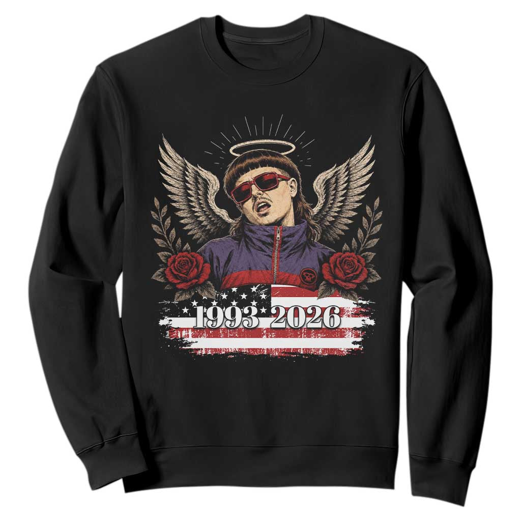 Retro Bowl Cut Music Icon Angel Wings Rest In Peace Sweatshirt American Flag Memorial 1993 2026 Pop Culture Fan