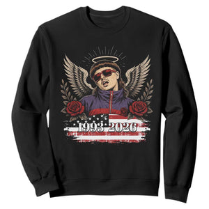 Retro Bowl Cut Music Icon Angel Wings Rest In Peace Sweatshirt American Flag Memorial 1993 2026 Pop Culture Fan
