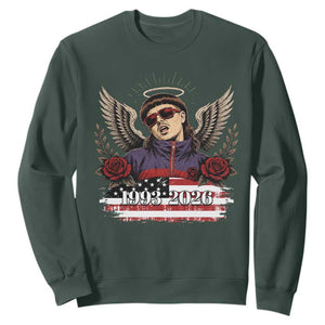 Retro Bowl Cut Music Icon Angel Wings Rest In Peace Sweatshirt American Flag Memorial 1993 2026 Pop Culture Fan