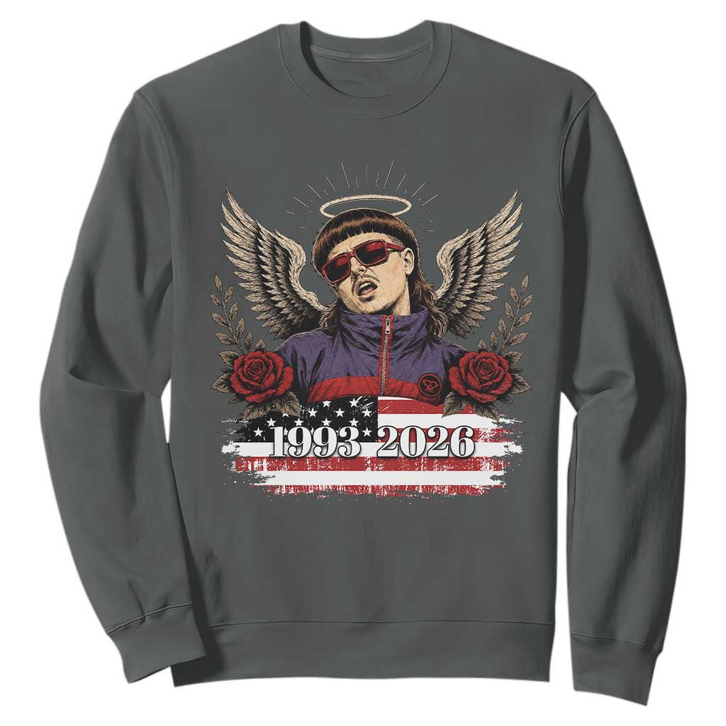 Retro Bowl Cut Music Icon Angel Wings Rest In Peace Sweatshirt American Flag Memorial 1993 2026 Pop Culture Fan